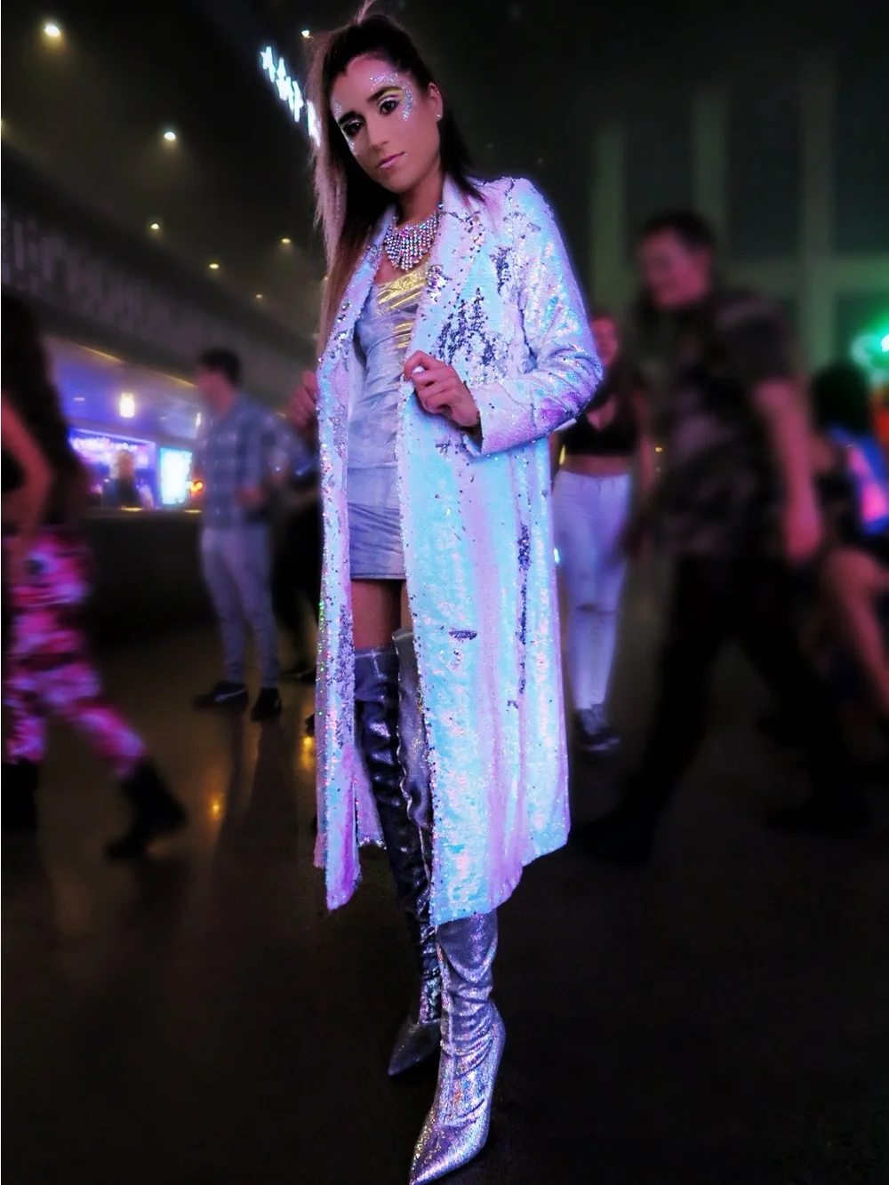 Metallic Silver Sequin Over-the-Knee Women's Boots